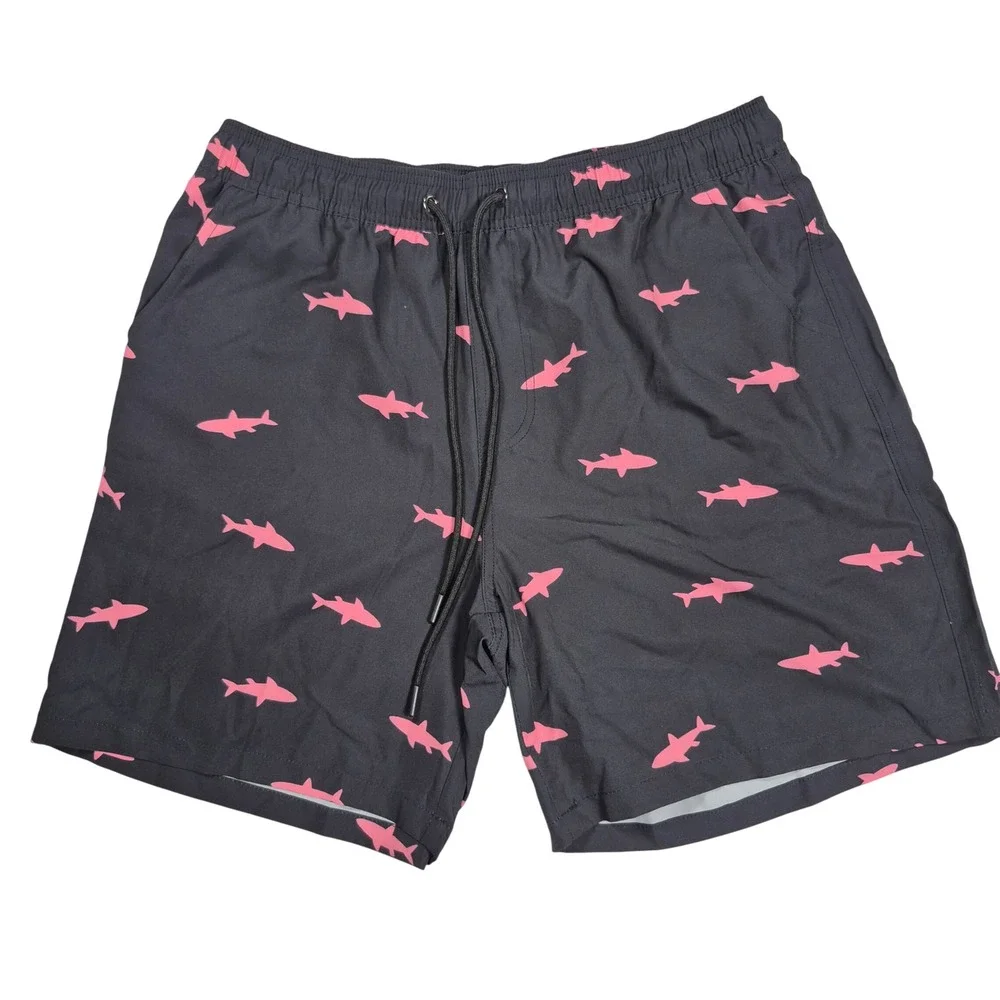 Mens Shark Print Swim Trunks XL Black‎ Pink Beach Board Shorts Compession Lining